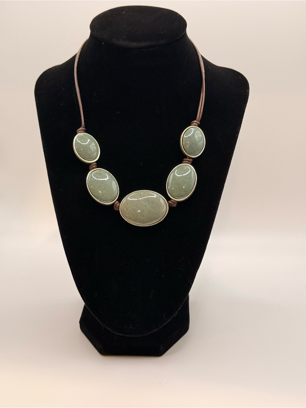 Oval Green Cabochon Stone Necklace with Brown Cord